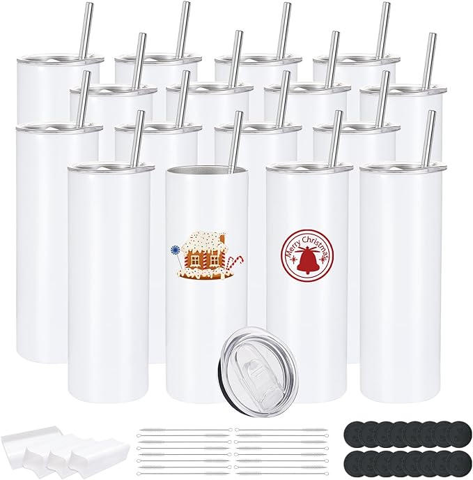 16 Pack Sublimation Tumblers Edge Blanks Skinny Straight Bulk 20 oz, Stainless Steel Double Wall Insulated Tumbler with Straw & Lids for Heat Transfer, White
