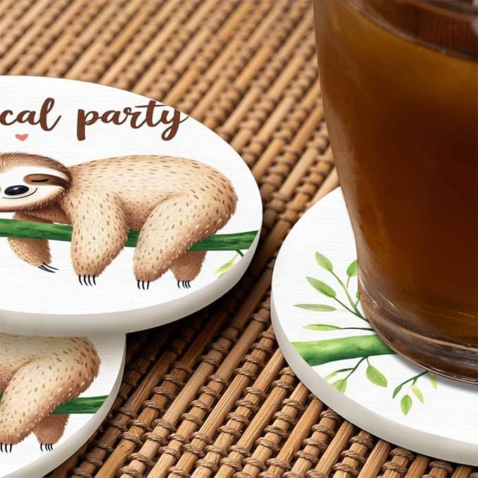 Sleeping Sloth Round Coaster for Home Coffee Table Cute Tropical Animal Smile Sleep Relax Nature Branch Botanical Farmhouse Drink Coasters 100% Diatomite 4''X 4''X 0.35'' Printed Pattern