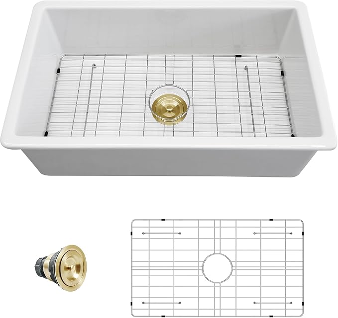 Sarlai 30 Inch White Undermount Kitchen Sink - Large Kitchen Sink Drop In 30"x18"x10" Dual Mount White Sinks Topmount Single Bowl Fireclay Basin with Custom Accessories