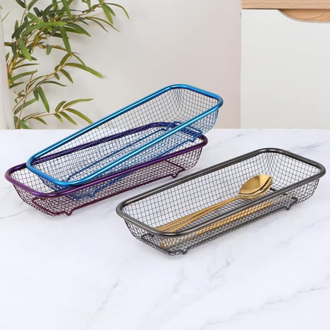Kitchen Drawer Organizer, Stainless Steel Storage Container Metal Cabinet Storage Basket for Holding Silverware Kitchen Utensil, Pack of 2, Purple