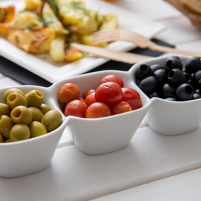Restaurantware 18 Ounce Triple Bowl Serving Dish 1 Square Porcelain Condiment Tray - Serve Snacks Dips or Condiments For Parties Buffets Or Catering White Porcelain 3 Section Serving Dish