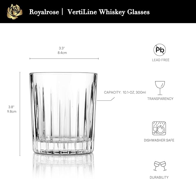 Royalrose Premium VertiLine 10 oz Highball Glasses, 6pc Tall Glass Sets. Lead-Free Crystal Drinking Glasses. Water Glasses, Mojito Glass Cups, and Mixed Drink Cocktail Glass Set. (Short glasses)