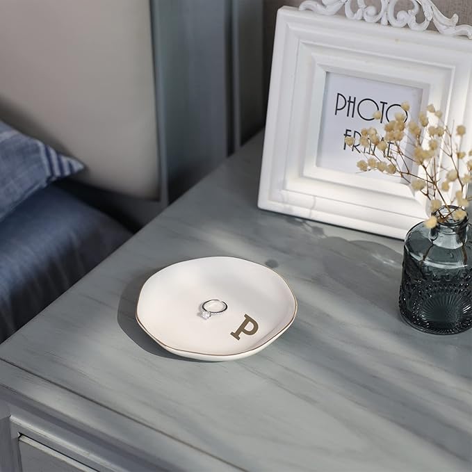 Initials Ring Dish Jewery Tray with Personalized P-Monogrammed Gifts Wedding Engagement for Women Friends Sister,Ceramic White