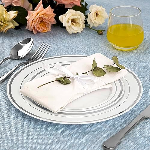 SETUP Case of 300 White Silver-Rimmed Plastic Plates - Premium Heavy-Duty Disposable Combo for Weddings and Parties - 150 10.25" Dinner and 150 7.5" Salad Plates - Image 6