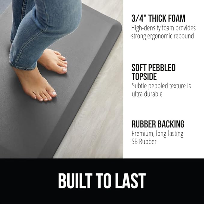 GORILLA GRIP Comfortable Cushioned Kitchen Mats for Floor, 39x20, Waterproof and Stain Resistant Soft Top, 3/4 Inch Thick Ergonomic Standing Desk Anti Fatigue Mat, Foam Supports Ankles and Feet, Grey