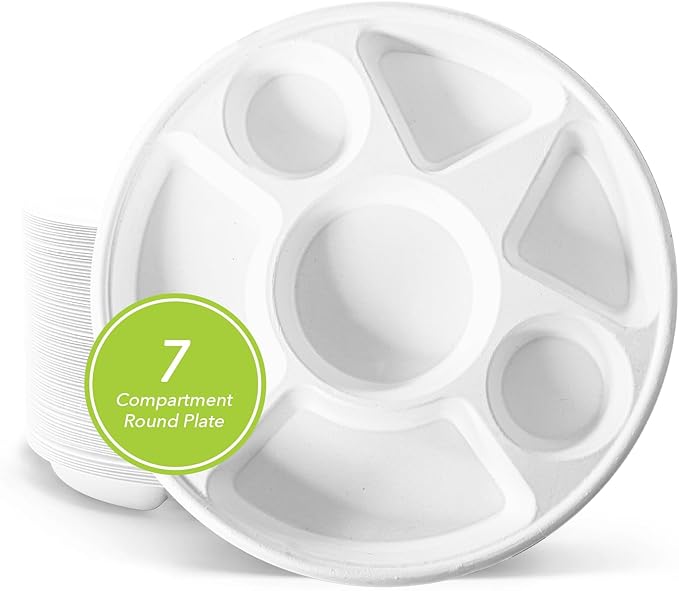 three leaf 7 COMPARTMENT BAGASSE ROUND PLATE, 200 Ct. Heavy-Duty- Super Strong- Natural- Eco-Friendly Disposable Bagasse Plates, 100% Biodegradable 7 compartment plates