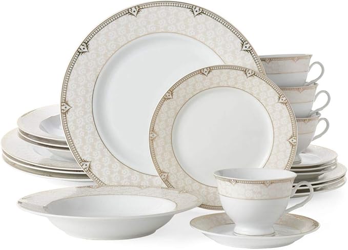 Euro Porcelain 20-pc Luxury Dinnerware Set w/ 24K Gold Ornament, HQ Dining Tableware Service for 4 (Sandra)