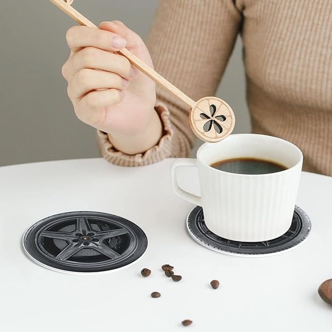 Tire Pattern Coasters for Drinks with Holder Round Leather Coasters Set of 6 Cups Mugs Mat Pad for Home Kitchen Bar