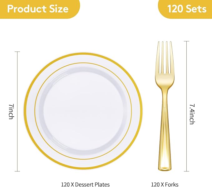 Goodluck 240PCS 7" Gold Dessert Plastic Plates with 7.4" Forks, Gold Appetizer Plates for 120 Guests, Including 120 Disposable Cake Plastic Plates and 120 Forks for Wedding/Birthday/Christmas Party