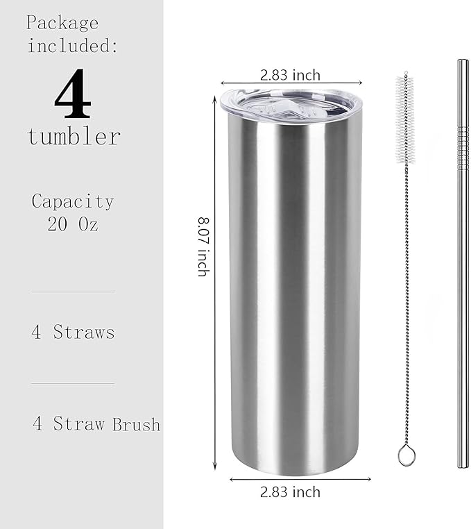 20 Oz Straight Skinny Tumbler Set, Stainless Steel Slim Skinny Travel Tumbler Bulk, Birthday Diy Gift For Women Friends Sisters, 4 Pack, Silver