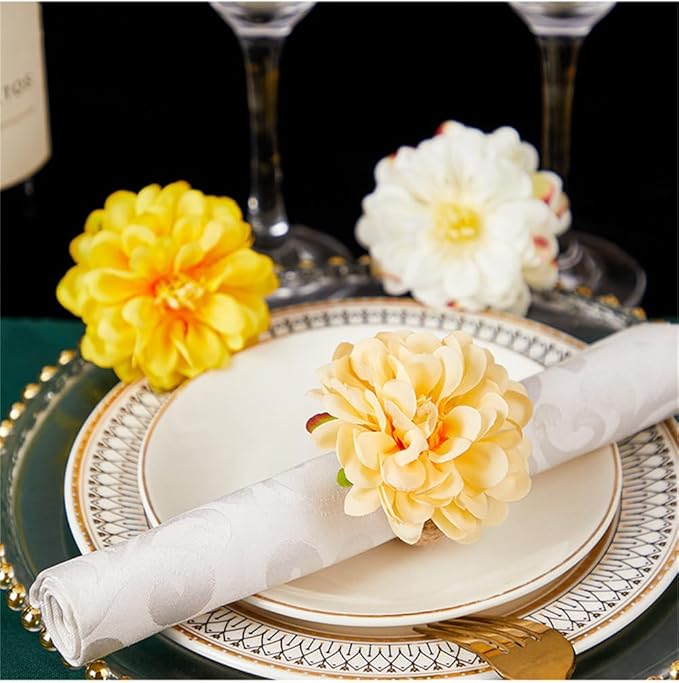 White Floral Napkin Rings Set of 6,Rustic Rose Napkin Rings Flower Dinner Napkin Holder for Table Decoration