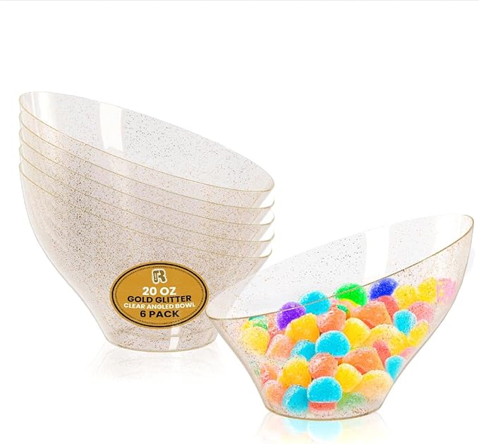 R-kay 6 Pack Glitter Angled Candy Bowls - Gold Plastic bowls 20 Oz - Premium Gold Plastic Serving Bowls Disposable Heavy Duty For Weddings Catering, parties, And All Occasions