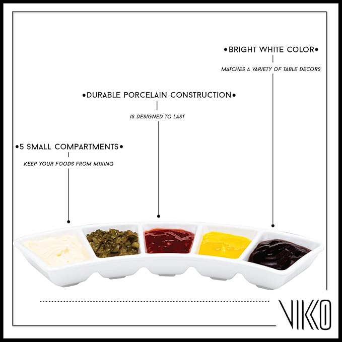 Vikko Divided Serving Tray, 5 Section Porcelain Circular Serving Party Platter, Pack of 4, 10 Inch Small White Serving Dish for Entertaining, Condiments, Candies, Charcuterie, Snack