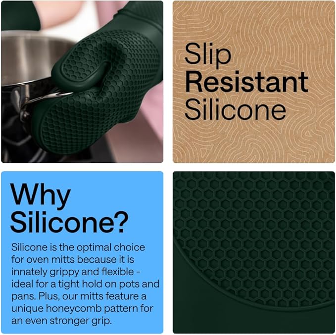 GORILLA GRIP BPA-Free Soft Silicone Oven Mitts, 14.5x8.3, Heat Resistant and Waterproof Cooking Gloves, Thick Cotton Lining, Flexible Gripping for Baking Grilling, Kitchen Potholders Set, Hunter Green