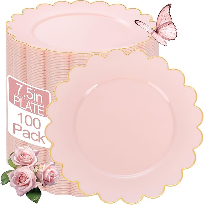 LIYH 100 Pcs 7.5" Pink Plastic Plates with Gold Disposable Pink Dessert Plates Gold Plastic Plate,Baby Shower Plate Set Suitable for Weddings Bridal Showers Afternoon Tea Valentine's Day Mother's Day