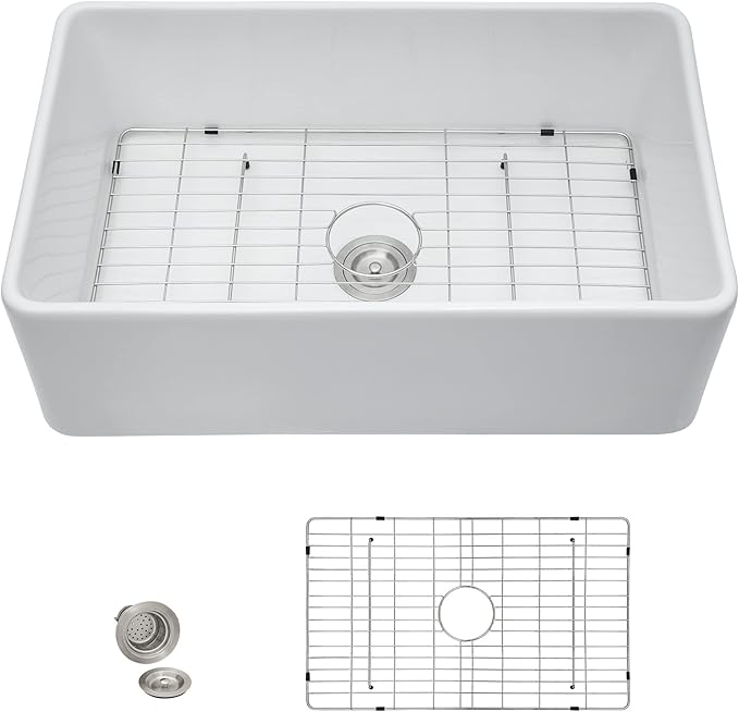 33"x18" White Farmhouse Kitchen Sink – Reversible Apron Front Fireclay Single Bowl Farm Sink, White Ceramic Porcelain Farmer Style Basin