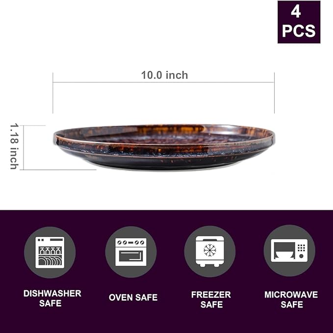 Ceramic dinner plates set of 4, Large Dinnerware Plates & Salad plates for party and wedding, Microwave safe porcelain plates set, 10 Inch