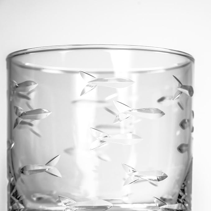 Rolf Glass School of Fish On the Rocks Glass |10oz Whiskey Glasses | Made in America | Deeply Engraved Fish Design | Diamond Engraved and Polished | Set of 4