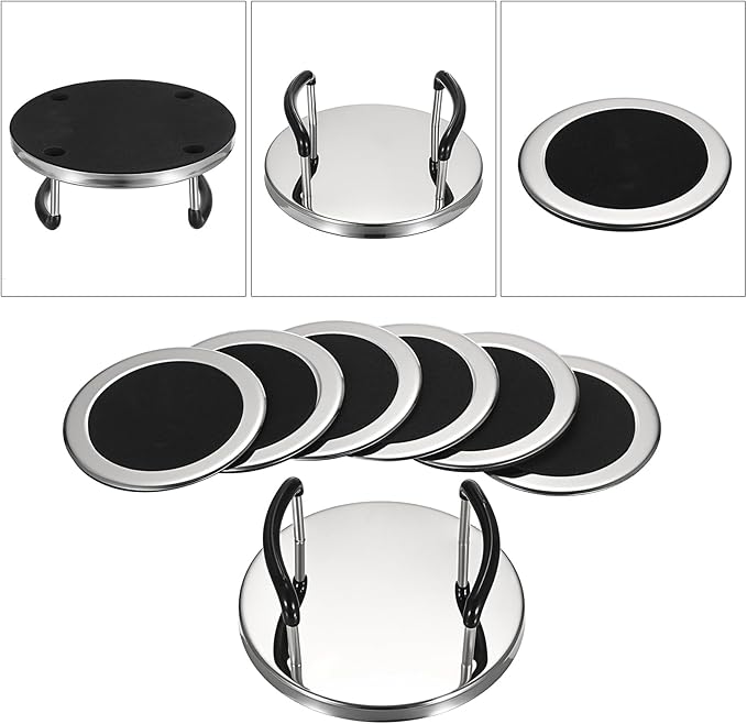 JUXYES Set of 6 Stainless Steel Round Coasters with Holder & Sponge Bottom, Silver Black Metal Cup Coasters Set Stunning Cool Coaster Cups Mats Decor for Restaurant Kitchen bar Dining Table