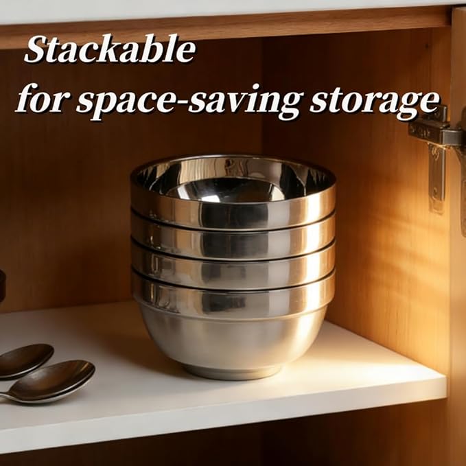 4pcs stainless Steel Bowls Set，5.1Inches Double Walled Insulated Large Serving Rice Cereal Salad noodle， 500ml Unbreakable Deep Bowl for kitchen Restaurant