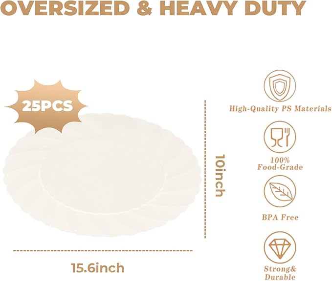 U-QE 25 Count Ivory Christmas Plastic Plates - 15.6 inch Oval Plates Disposable Plates Heavy Duty For Big Eaters, Ivory Disposable Platters Ideal for Christmas, Party, Picnic and Weddings