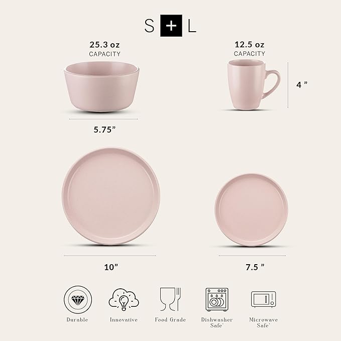 SERVICE FOR 8 - Total of 32 pieces including 8 dinner plates (10”), 8 salad plates (7.5”), 8 bowls (5.75”), and 8 mugs (12 oz), making it the perfect set to service 8 people
