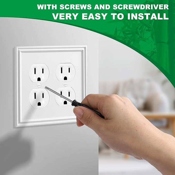 White Decorative Double Outlet Covers Wall Plate, Natural Material Light Switch Plate Outlet Covers - Modern Style (2 Gang Duplex 2 Pack)
