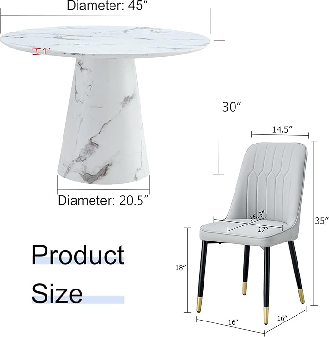 Round Dining Table Set for 6, 45" Modern Faux Marble Kitchen Table and Upholstered Chairs, 7 Piece Circle Dinner Set for Dining Room, Kitchen (White Set)