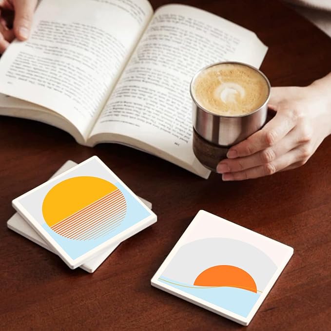 MAYCARI Abstract Sun Coasters Set of 6 Cork Backed Artistic Coasters with Metal Holder Minimalist Aesthetic Ceramic Surface Drink Cup Mats for Tabletop Protection Modern Desk Decoration Birthday Gifts