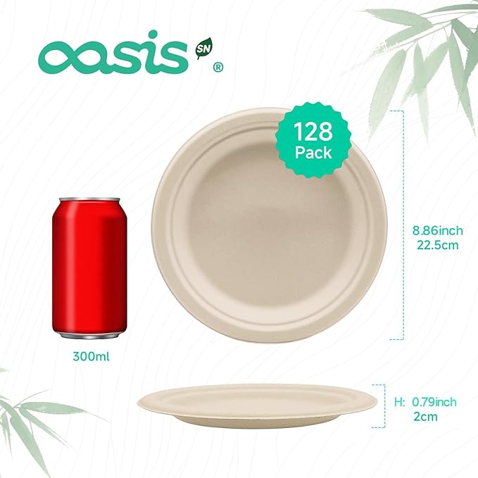 9 Inch 128 Pack Compostable Disposable Paper Plates, Dinner Plates, Heavy Duty Sugarcane Bagasse, Biodegradable Eco-Friendly, Soak Proof & Cut Resistant, Unbleached Natural