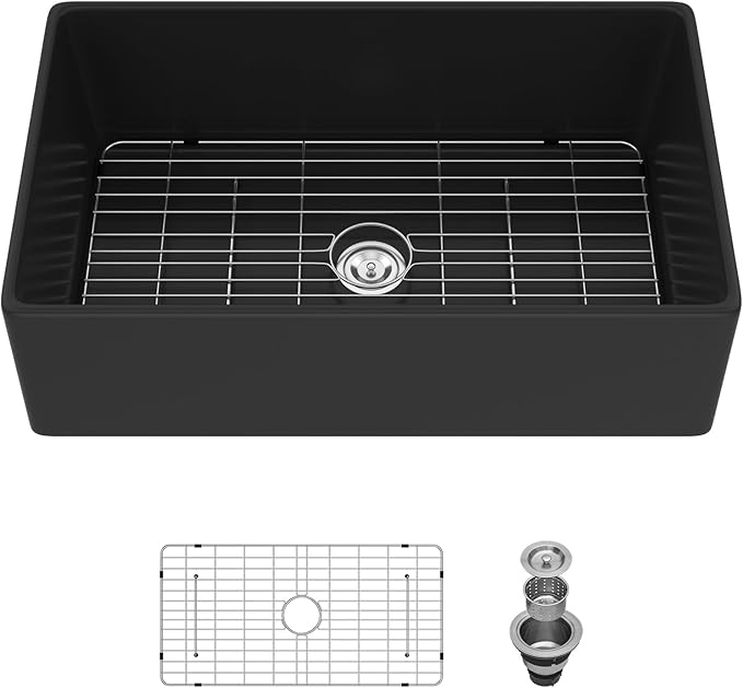 Sarlai Black Farmhouse Sink - 33 Inch Kitchen Sink Apron Front Matte Black Fireclay Ceramic Porcelain Single Bowl Kitchen Farmer Sinks Basin