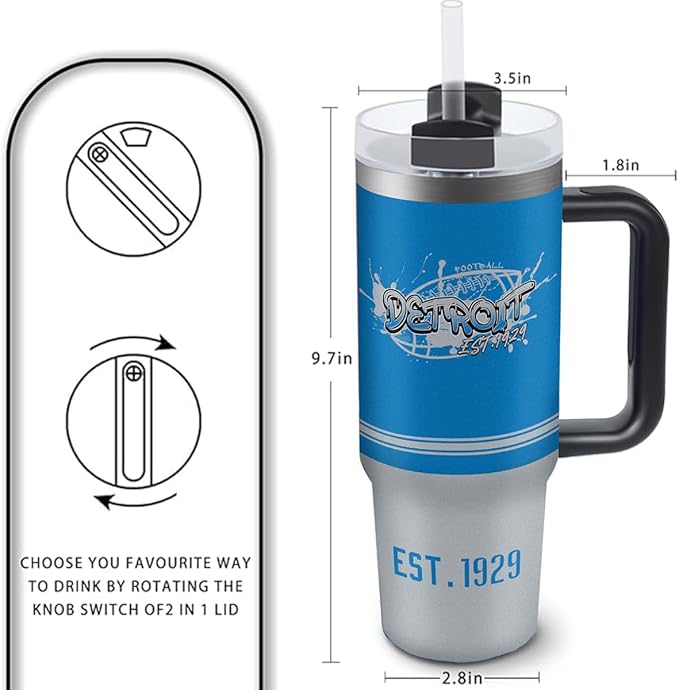 Detroit 30 oz Tumbler with Handle and Straw,Car cup,Coffee Mug,100% Leakproof Insulated Tumbler with Lid and Straw,Made of Stainless Steel,Cup Holder Friendly Base,Classic Collection Gifts for Fans