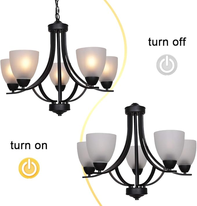 VINLUZ 5 Light Shaded Contemporary Chandeliers with Alabaster Glass Black Rustic Light Fixtures Ceiling Hanging Mid Century Modern Pendant Lighting for Dining Room Foyer Bedroom Living Room