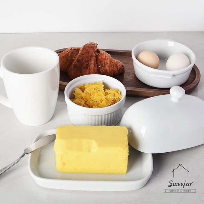 Sweejar Ceramic Butter Dish with Lid for Countertop,Porcelain Butter Keeper with Knob Handle,Butter Container for East/West Coast Butter, 7.1*3.7 inches (White)
