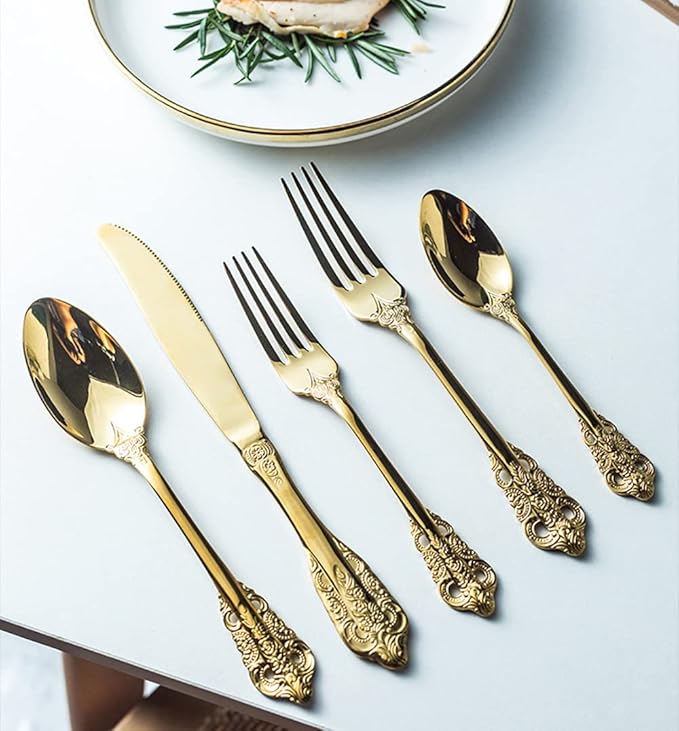 Gold Silverware Set for 8 Premium 18/10 Stainless Steel Flatware Set Palace Style 40 Piece Cutlery Tableware Utensils Embossed Decorative Handle Knives Forks and Spoons for Home Christmas Wedding