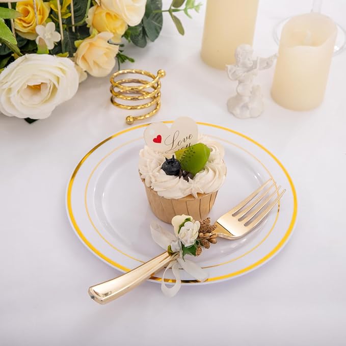 I00000 144 Small Plastic Dessert Plates Set Include 72 Pcs Gold Dessert Plates 7.5" with 72 Pcs Forks 7.5",Disposable Cake Plate,Fancy White Gold Plastic Small Plates for Party