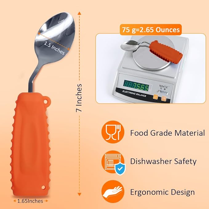 Adaptive Weighted Silverware Utensils Angled Spoon for Hand Tremors Parkinsons,Weighted Utensils with Non-Slip Easy Grip Handles for Independent Eating(Left Hand,Orange,Pack of 1)