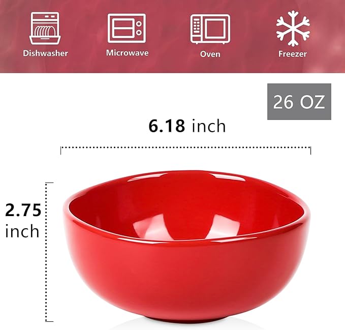 vicrays Ceramic Cereal Bowls Set - Porcelain 26 Ounce Soup Salad Bowls Set - Rice Dessert Cream Bowls Set - Chip Resistant Dishwasher Microwave Safe - Set of 6 (Red)