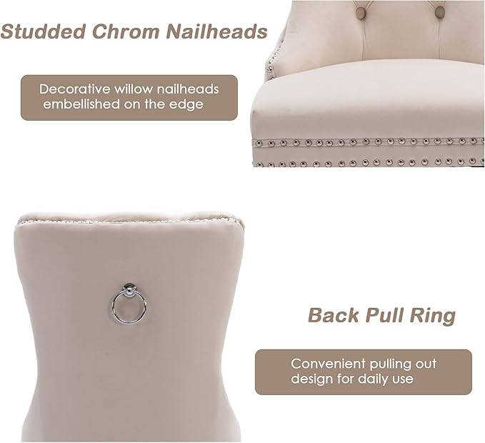 KCC Velvet Dining Chairs Set of 4, Upholstered High-end Tufted Dining Room Chair with Nailhead Back Ring Pull Trim Solid Wood Legs, Nikki Collection Modern Style for Kitchen, Beige