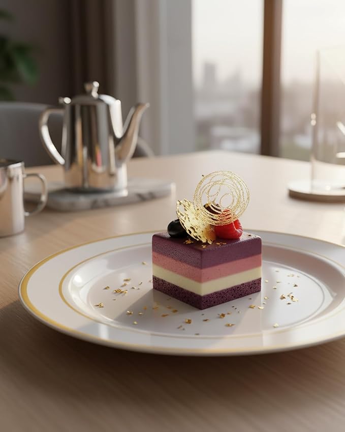 bUCLA 100Pieces Gold Plastic Plates - 6.25inch White with Gold Rim Disposable Salad/Dessert/Appetizer/Small Cake Plates Premium Hard - Ideal for Wedding, Party