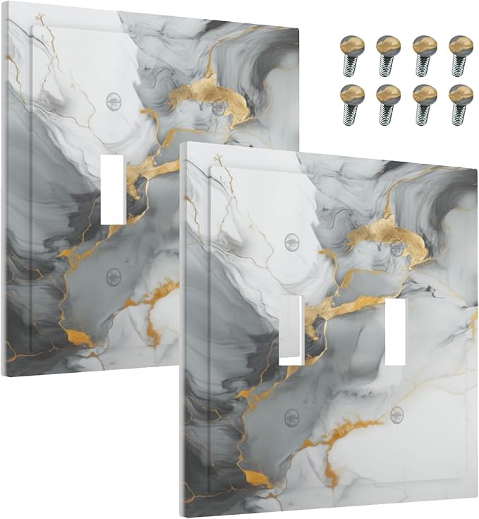 Decorative Light Switch Cover Gray/Gold Marble Abstract Modern Luxury 2 Gang Wall Plate Double Toggle Switch Plate Receptacle Electrical Outlet Cover Switchplate for Bathroom Bedroom（2 Pack）