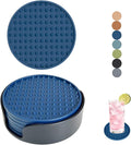 Set of 6 Silicone Coasters, 4'' Drink Coaster with Holder, Round Coasters for Drinks Beer Coffee Home Office Bar Desk Tabletop Protection, Non-Slip Rubber Coaster (Navy Blue, 6 Pcs-Plastic Holder)