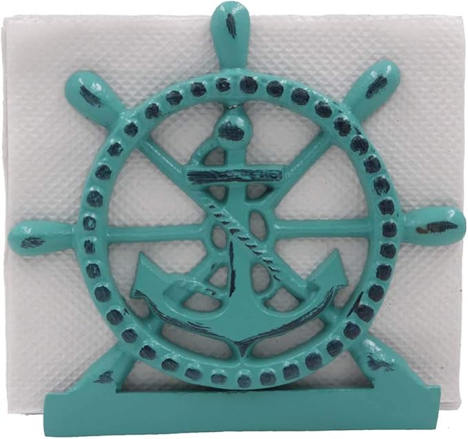 THDC Nautical Napkin Holder, Lunch, Dinner, Nautical Collection Napkin Holder, Made of Metal (Anchor Distressed Green)