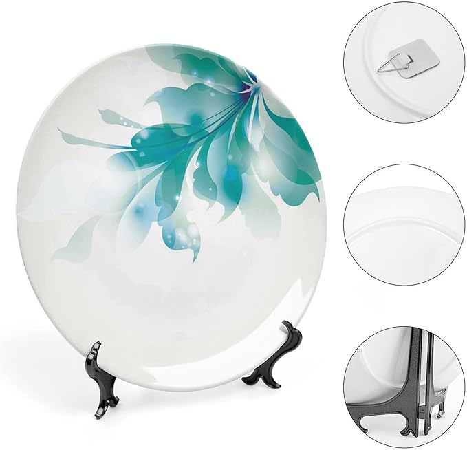 Ceramic Display Plate, Abstract Decor Ceramic Hanging Decorative Plate, Big Single Beautiful Blue Ombre Flowers, 7 Inch, Living Room Kitchen Decoration Household, White Light Blue and Blue