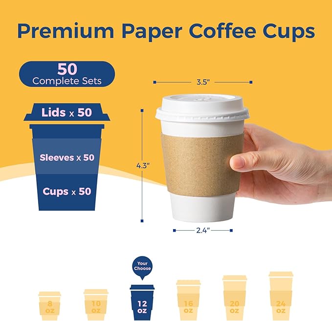 Fit Meal Prep 50 Pack 12 oz Disposable Coffee Cups with Lids, Sleeves, Leak-Proof To Go Coffee Cups with Lids, Durable Hot Paper Cups for Home, Office, Party, Business