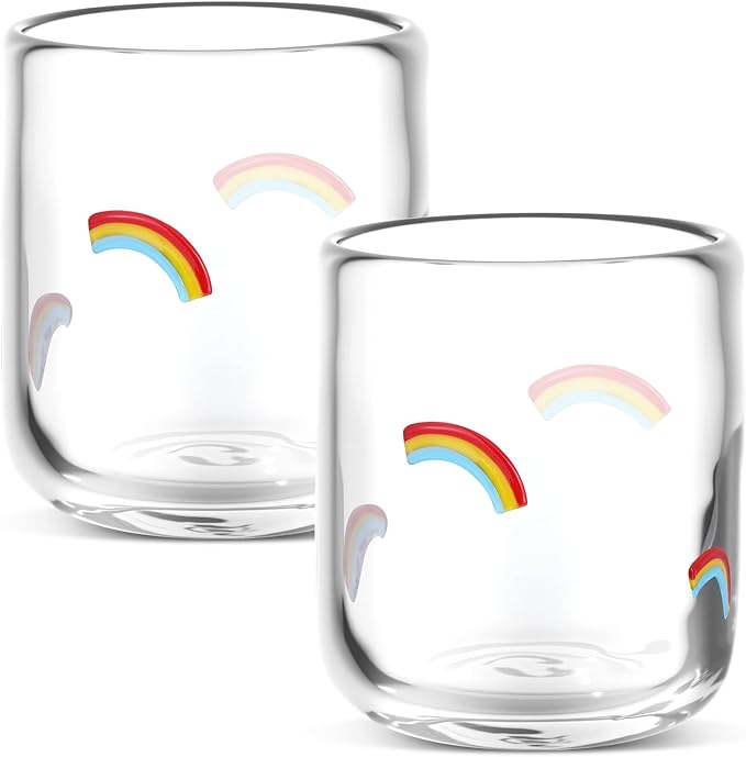 Icon Juice Glasses, 14oz Stemless Wine Drinking Juice Glass Cup for Valentine Party Supplies Gift(2 Pcs,Rainbow)