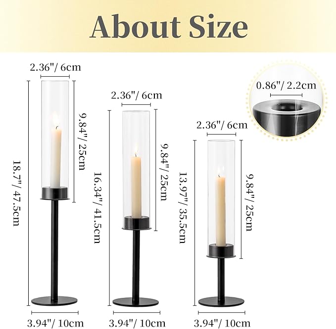 Hewory Black Candlestick Holders Hurricane Candle Holder, 3Pcs Candle Stick Candle Holder Candelabra, Taper Candle Holders with Glass Candle Cover for Wedding Table Centerpiece Christmas Decor