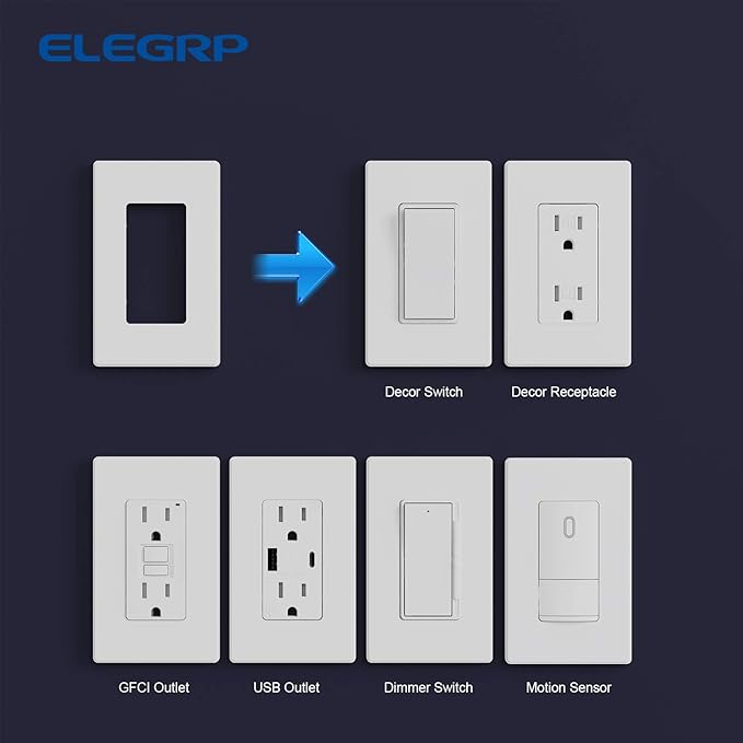 ELEGRP Matte White 1-Gang Screwless Decorative Wall Plates, Standard Size Unbreakable Thermoplastic Faceplate Cover for Decorator Receptacle Outlet Switch, UL Listed (10 Pack)