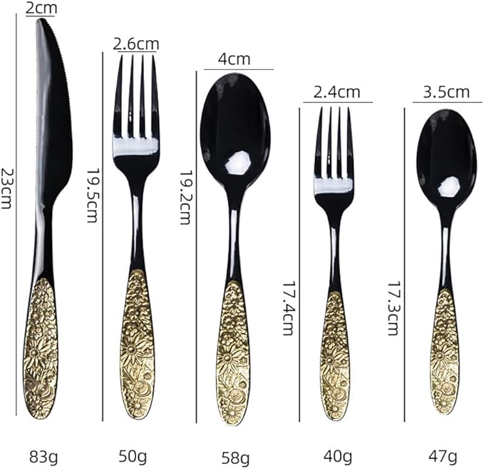 TWEE Black Gold Silverware Set for 4 Unique 18/10 Stainless Steel 20 Flatware Set Beautifully Embossed Floral Pattern Mirror Polished Kitchen Utensils Set for Home Restaurant Tableware