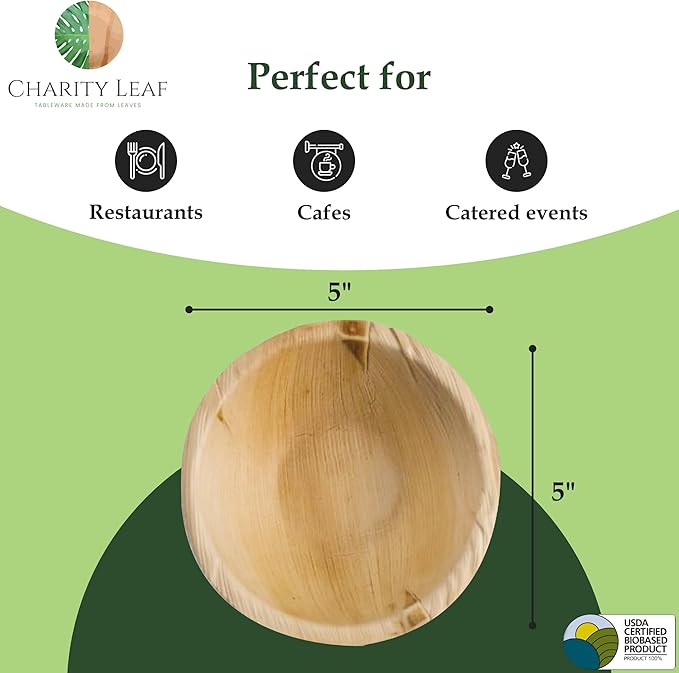 Charity Leaf Disposable Palm Leaf 5" Round Bowl (1000 pcs) Dipping Bowls | Bamboo Like| All Natural and Biodegradable | Charcuterie Boards, BBQs, and Parties